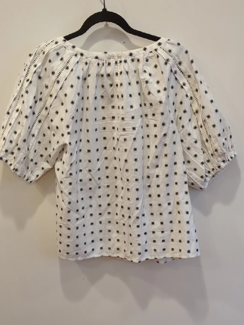 LOFT White Blouse Black Square Dot Embroidery Medium Whimsy Boho Cottage Summer